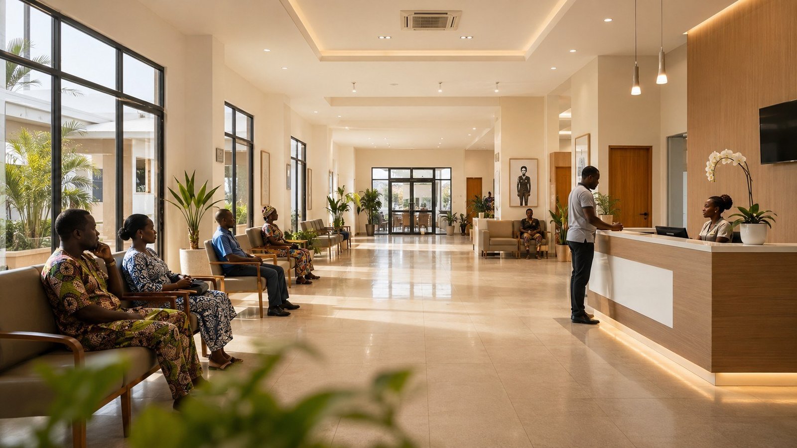 Accueil moderne d'un espace santé avec réceptionniste souriante et patients en salle d'attente