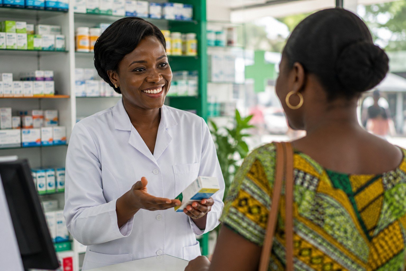 Pharmacienne conseillant chaleureusement une cliente au comptoir