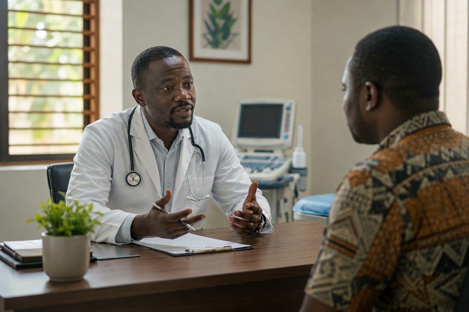 Médecin expliquant un diagnostic à un patient attentif