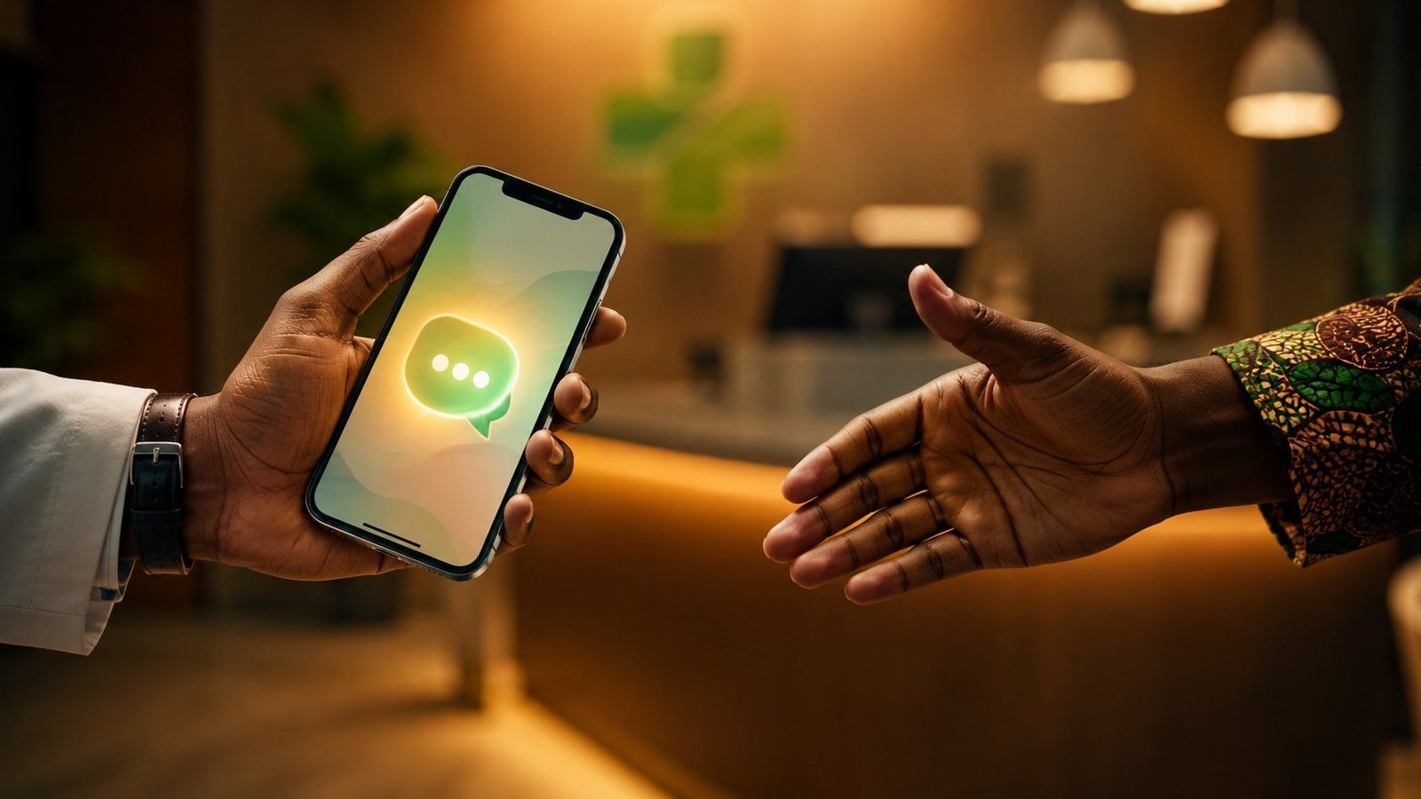 Main tenant un smartphone avec une bulle de conversation, invitation à échanger