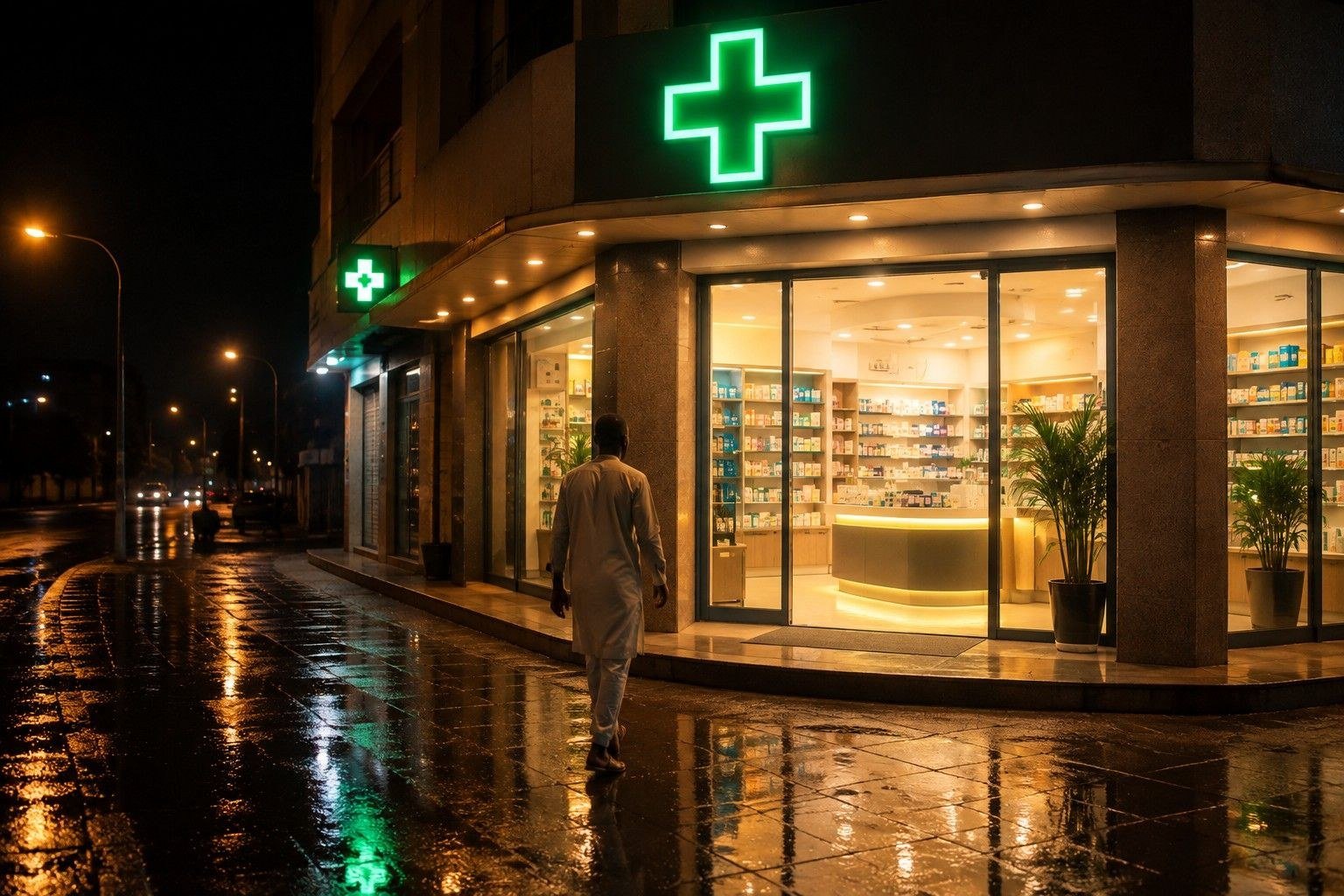 Pharmacienne souriante servant une mère et son enfant dans une officine moderne de garde
