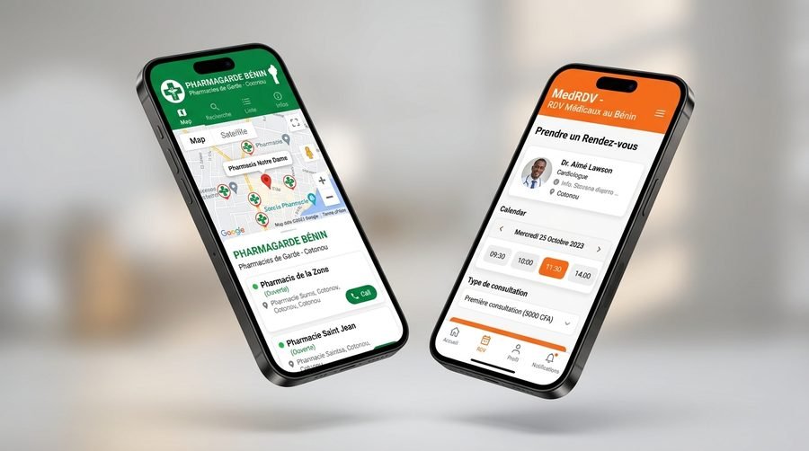 Applications PharmaGarde et MedRDV Pro affichées sur deux téléphones