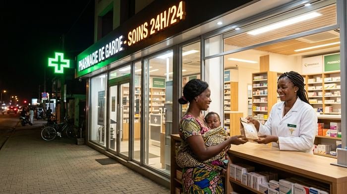 Pharmacienne souriante servant une mère et son enfant dans une officine moderne de garde