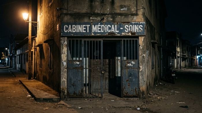 Devanture d'un cabinet médical fermée et dégradée, la nuit