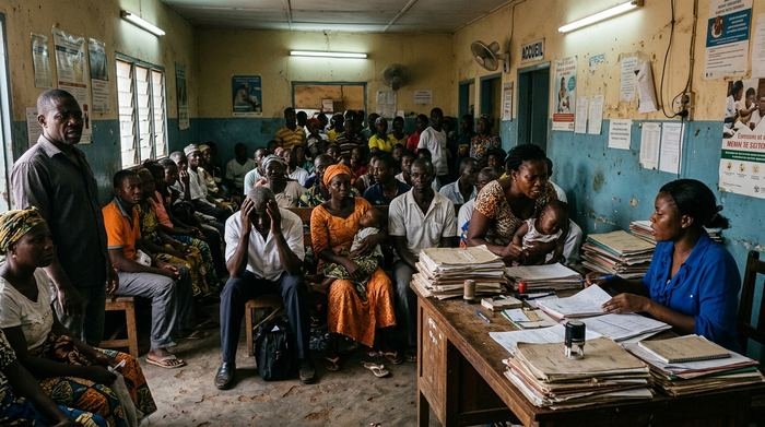Salle d'attente surchargée d'un centre de santé, dossiers papier empilés