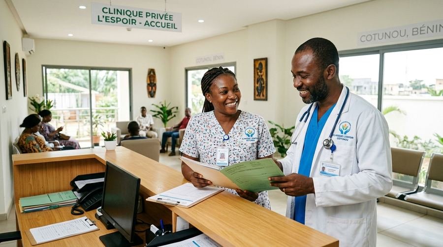 Accueil moderne d'une clinique privée avec personnel souriant