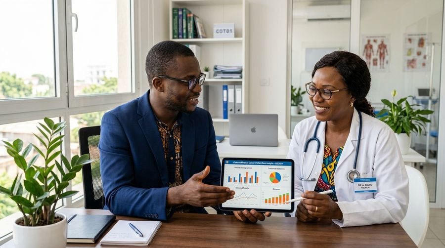 Deux professionnels échangeant autour d'une tablette affichant des données