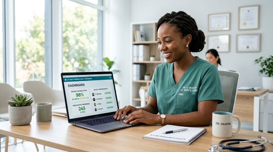Professionnelle de santé consultant un tableau de bord de rendez-vous sur ordinateur portable