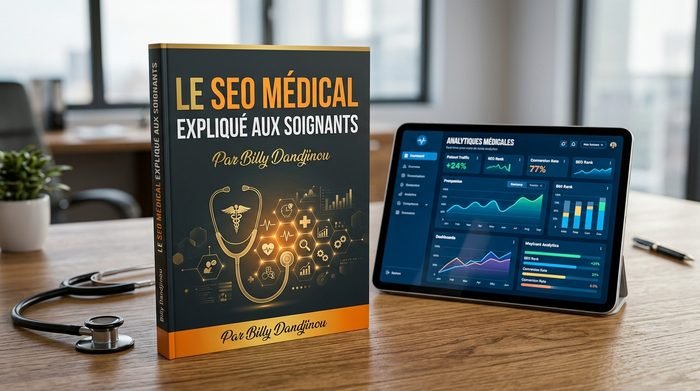 Ouvrage sur le référencement médical à côté d'une tablette affichant des statistiques