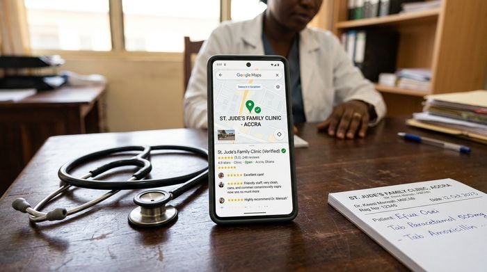Fiche d'un établissement de santé affichée sur Google Maps depuis un téléphone