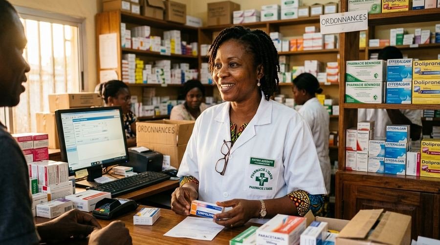 Comptoir d'une officine avec pharmacienne et patient